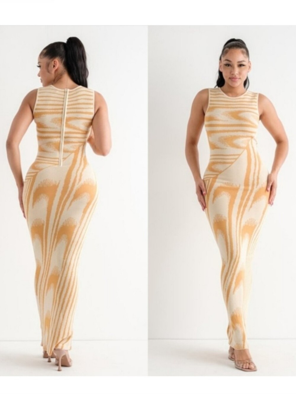 Wave Jacquard Hip Hugging Form Fitting Maxi Dress Mellow Mustard Beige S M L New